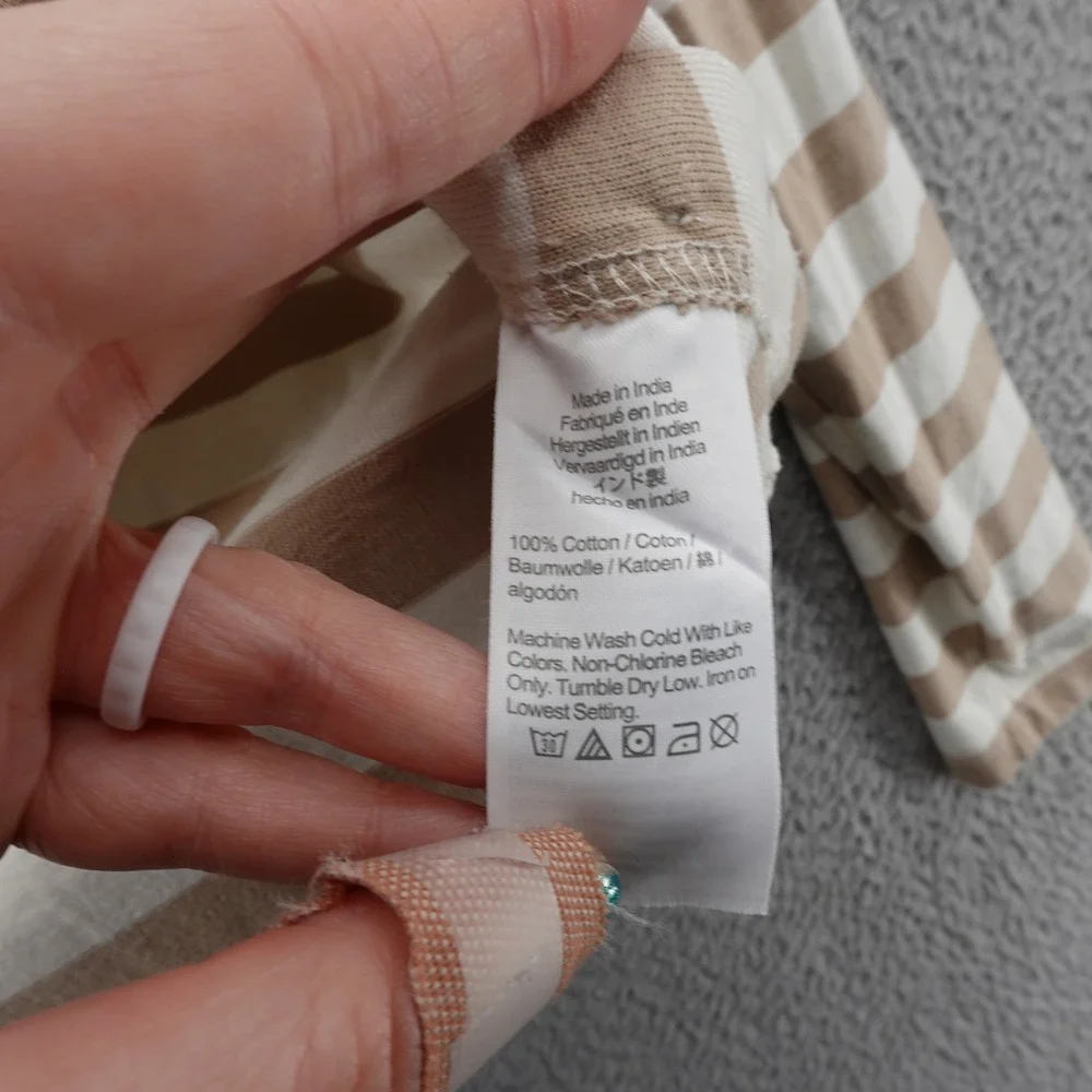 J Crew Button Side Stripe Top Medium Tan White Cotton Long Sleeve‎ Womens Tee